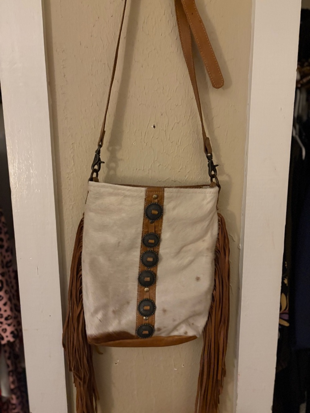 Myra Bag White and Tan Fringe Crossbody with Concho Detail
